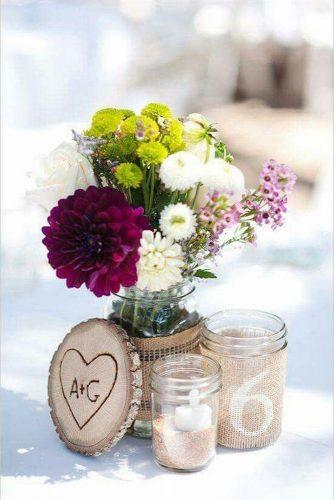 mason jars wedding centerpieces with winldflowers and burlap candice benjamin photography