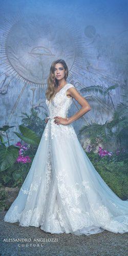 v neckline lace a line wedding dresses with train by alessandro angelozzi