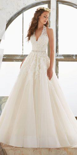 natural waist beading halter neckline tulle a line wedding dresses morilee