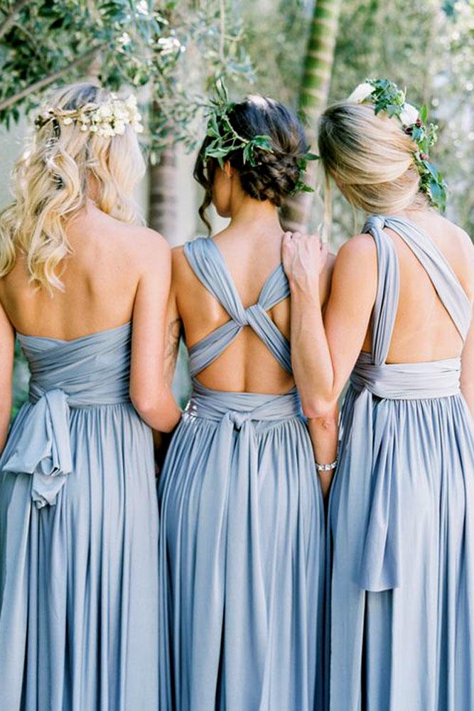 blue wedding theme bridesmaids in blue dresses
