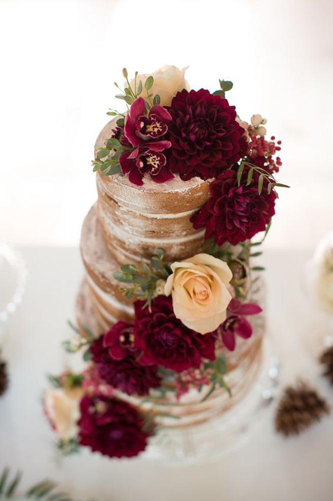 burgundy wedding rustic naked cake with flowers ashley cook photography
