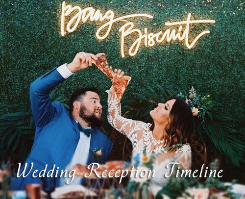 wedding day timeline wedding reception newlyweds with pizza