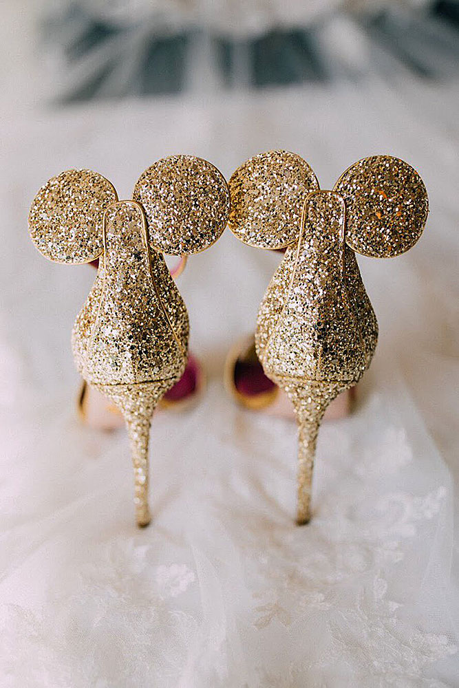 disney wedding gold shiny shoes with mickey mouse ears disney weddings via instagram