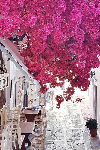 best honeymoon spots street flowers mykonos greece