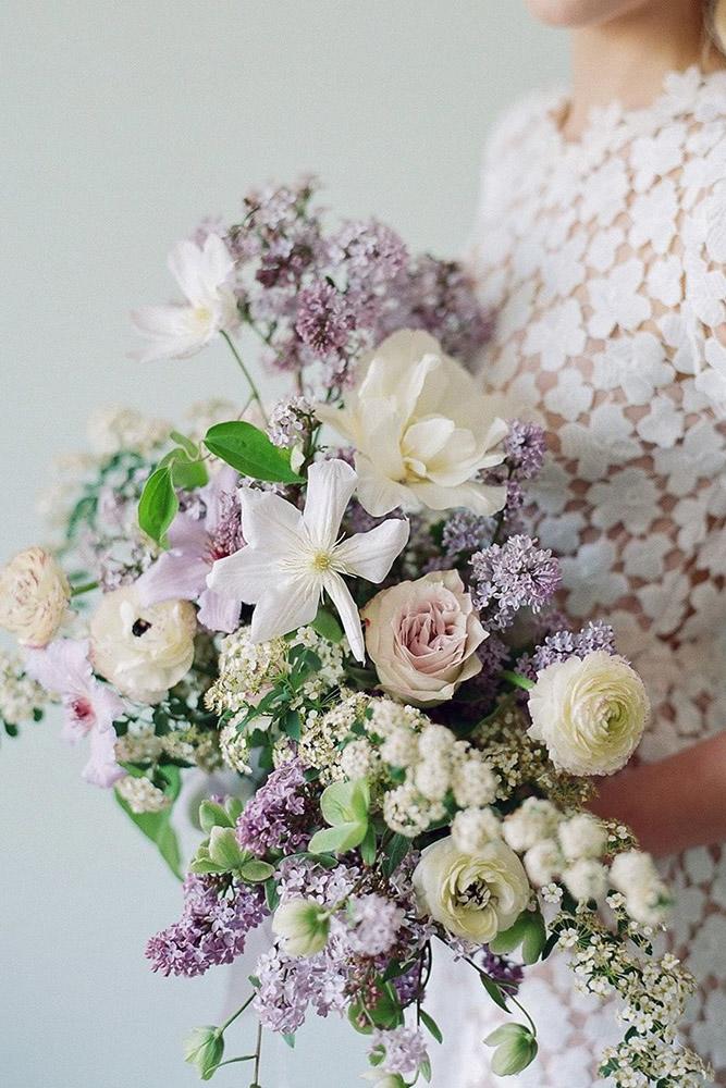 spring wedding bouquets fluffy with white flowers and lilac lauramurray