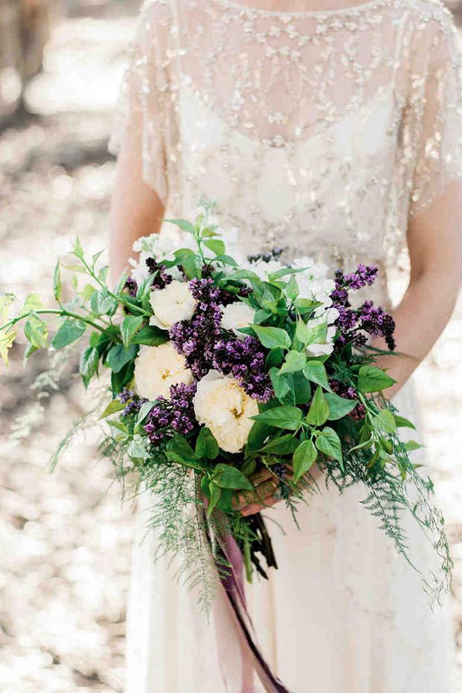 spring wedding bouquets with lilac white flowers and greenery whiskers and willow