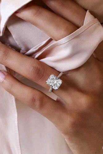 top engagement ring ideas emerald cut pave band white gold