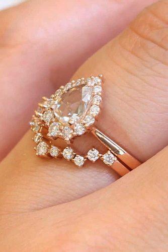 rose gold wedding rings pear cut halo moissanite
