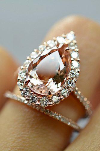 rose gold wedding rings pear cut halo morganite