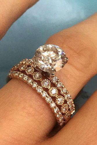rose gold wedding rings solitaire round cut diamond pave band