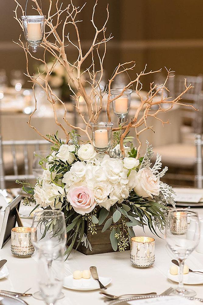 rustic wedding centerpieces white roses branches candles wooden box side by side weddings via insta