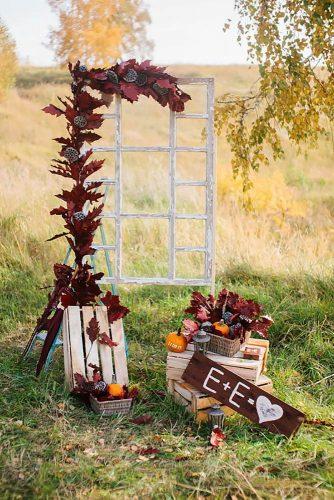 wedding ceremony decorations wooden crates and old window with autumn leaves ps photo