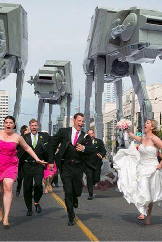 funny wedding pictures groom and bride with guests are running star wars theme photoshop little blue lemon
