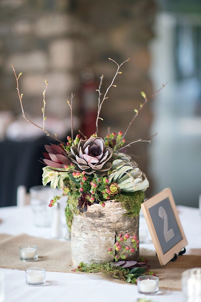 rustic wedding centerpieces vase of wood bark decorated with succulents sarah street photography