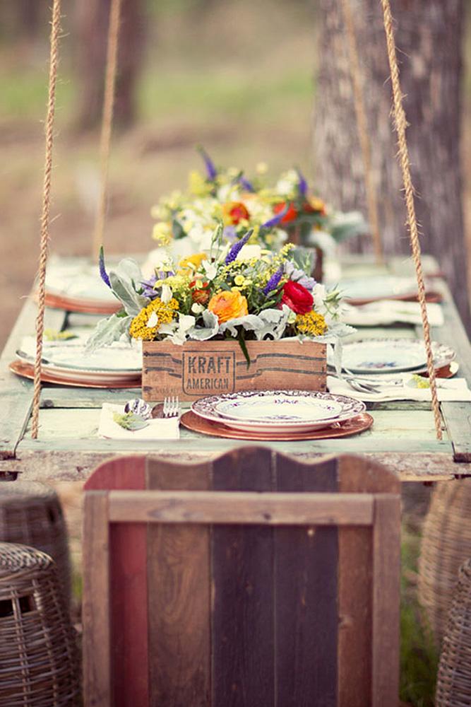 country wedding woodland table with flowers in box jess barfield photography