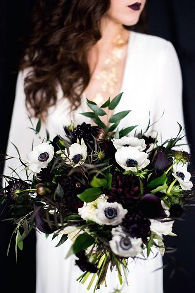 halloween wedding ideas dark bouquet with greens and white flowers dana fernandez