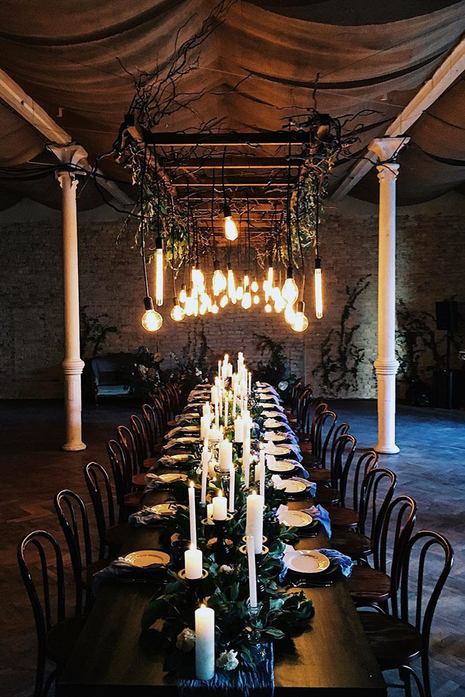 loft decorating ideas long table dark wood with table lightbulb wedding party laboratory via insta