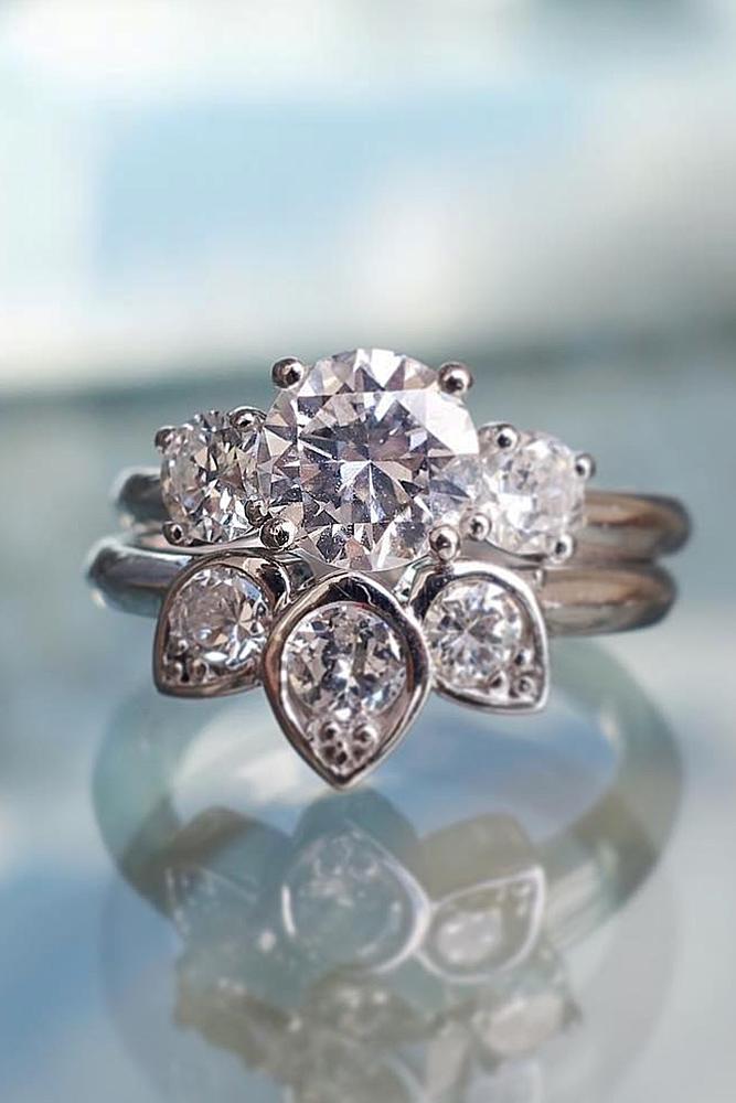 unique wedding rings floral white gold diamond round