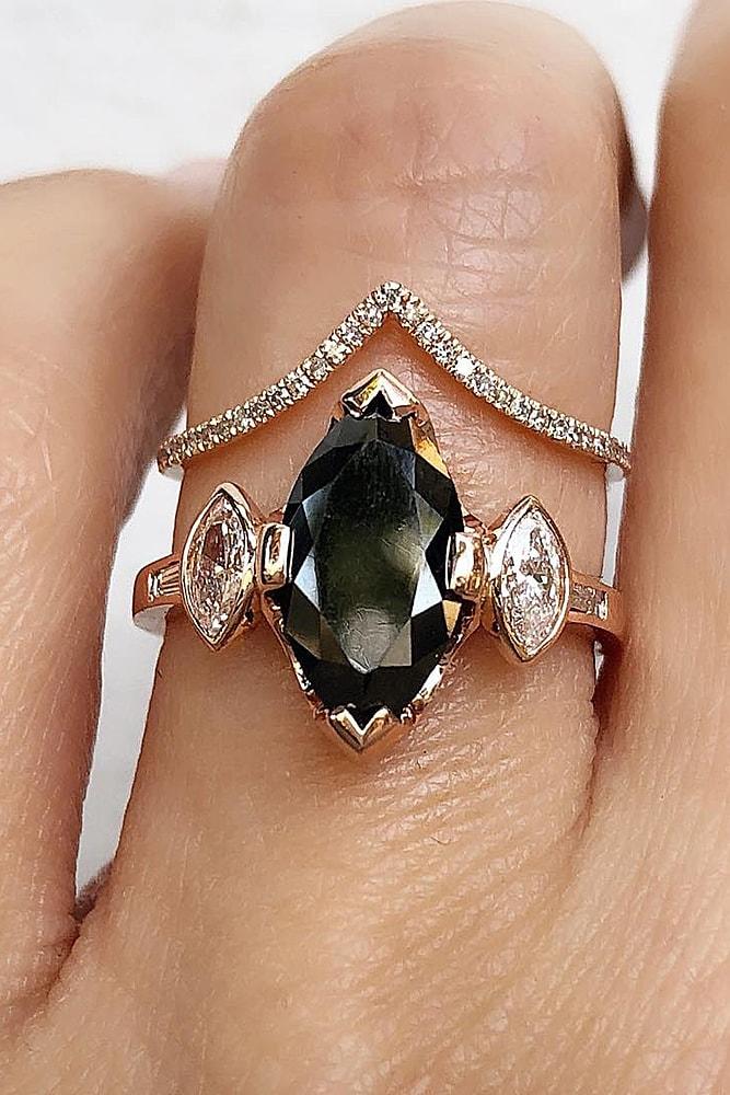 unique wedding rings marquise cut black diamond three stones rose gold