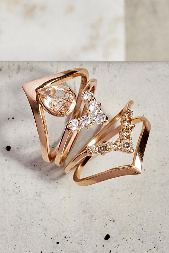 unique wedding rings set rose gold diamond pear