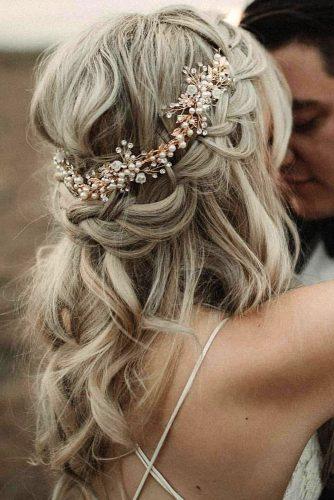 braided wedding hair blonde half up half down with pearls halo daneroy