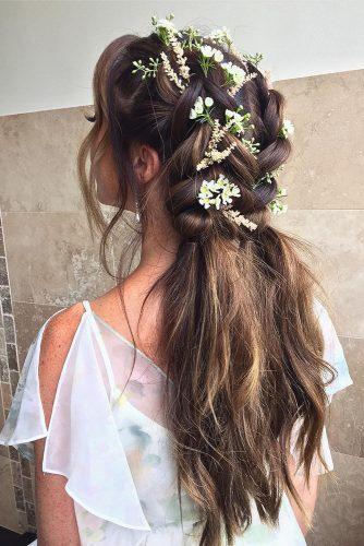 braided wedding hair down on long brown hair decorated with flowers michaelgrayhair
