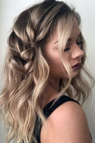 braided wedding hair on medium blonde hair side braid and curls alishajaredhairartistry