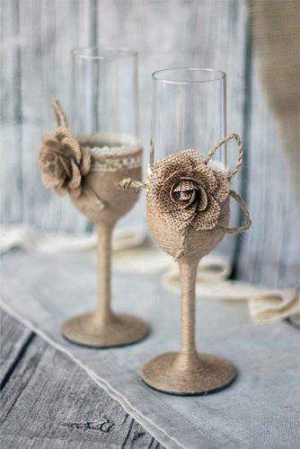 wedding glasses with lien rope and burlap roses atelieviolet via facebook