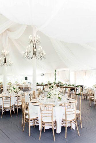 39 Wedding Tent Ideas For A Stunning Reception Page 8 Of 14 Wedding Tent Reception With White Tablecloth And Modern Chandelier Gold Chairs Oak Myrrh Photography