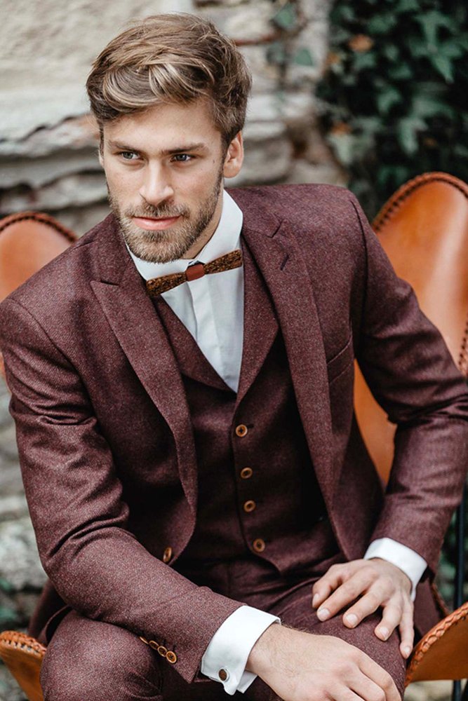 burgundy wedding groom suit with a vest and a bow tie marina geckeler photography