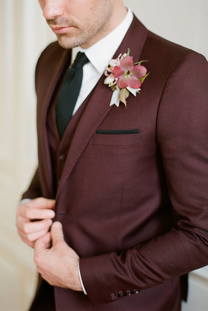 burgundy wedding suit with black tie gregfinck