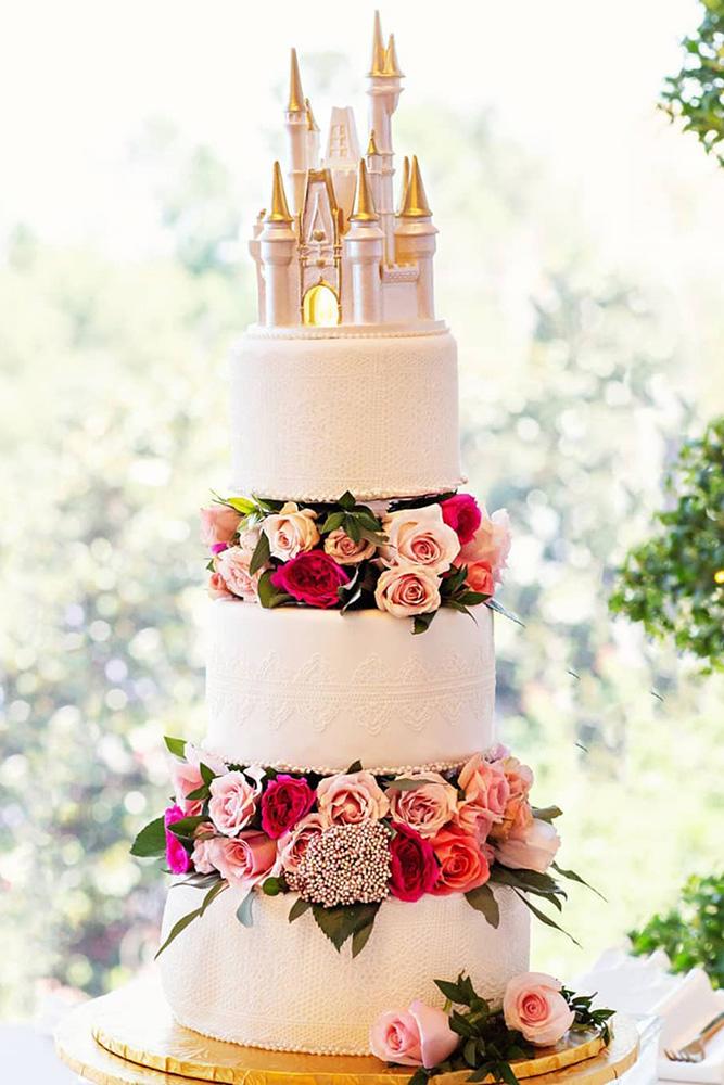 disney wedding tall white with castle on top with fresh roses nathanroot