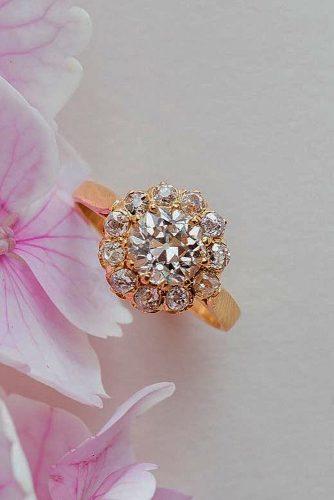 round engagement rings floral halo rose gold