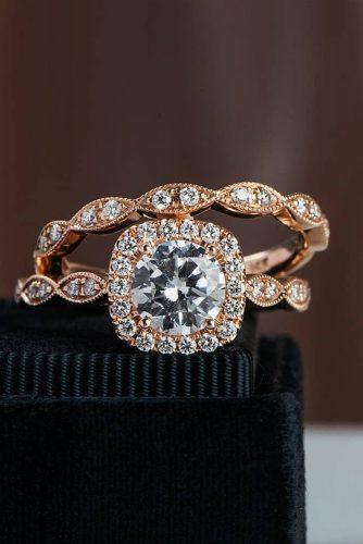 round engagement rings rose gold wedding set halo