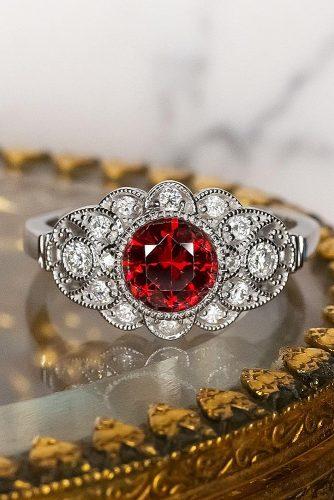 round engagement rings ruby halo vintage white gold