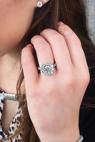 round engagement rings white gold floral halo
