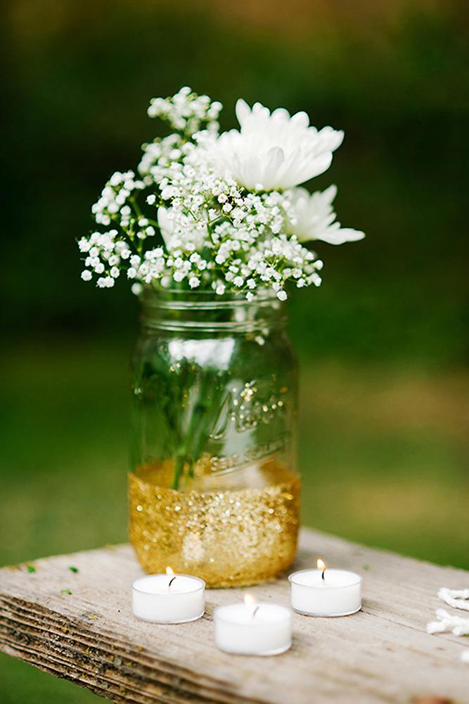 rustic wedding centerpieces gold glitter mason jar white roses baby breath lori romney photography