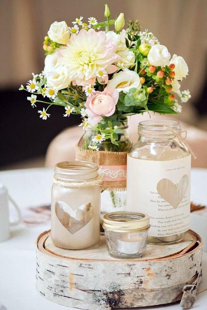 rustic wedding centerpieces heart shaped jars with flowers burlap decor photocaptiva