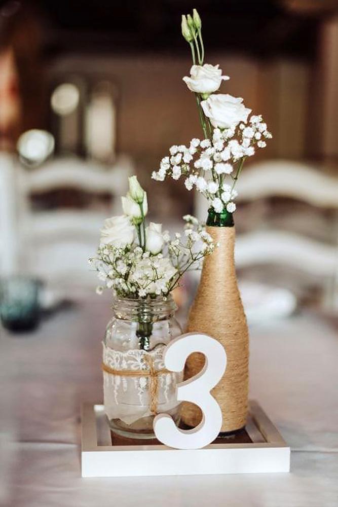 rustic wedding centerpieces jar bottle roses and baby breath with mireiaguilella