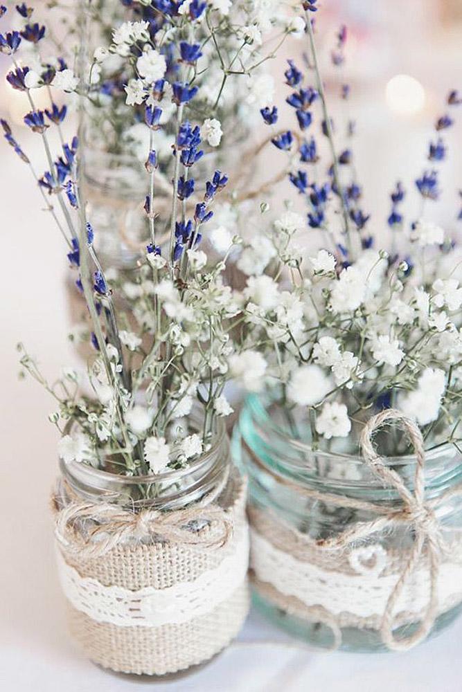 rustic wedding centerpieces lavender baby breath with burlap and lace cristina rossi photography
