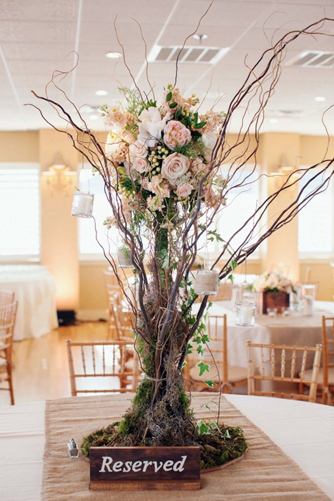 rustic wedding centerpieces tall tree with wooden branches jodi miller photographygreenery