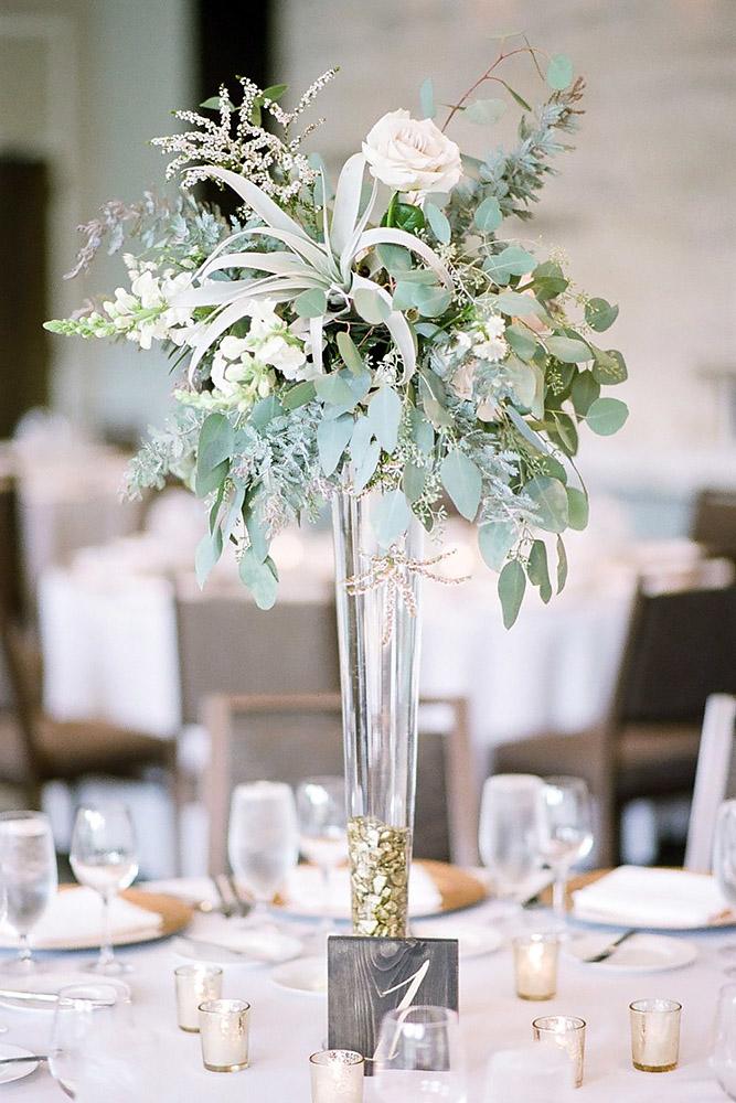 tall wedding centerpieces glass vase with greenery and succulents tamara gruner photography