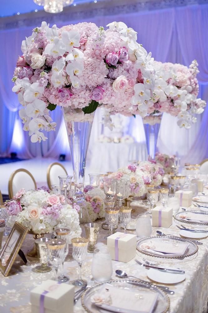 tall wedding centerpieces glass vase with white and pink flowers orchids roses hongphotography