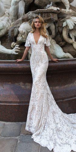 crystal design 2018 wedding dresses sheath v neckline lace with sleeves and train style indria