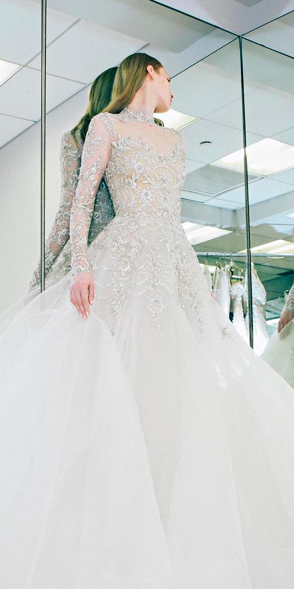 ball gown bling embroidered bodice high neck long sleeves most famous celebrities wedding dresses reem acra