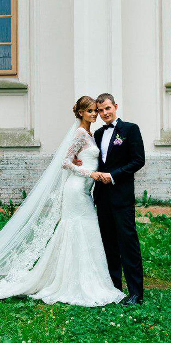 most famous celebrities wedding dresses lace trumpet illusion sweetheart neck with veil zac posen