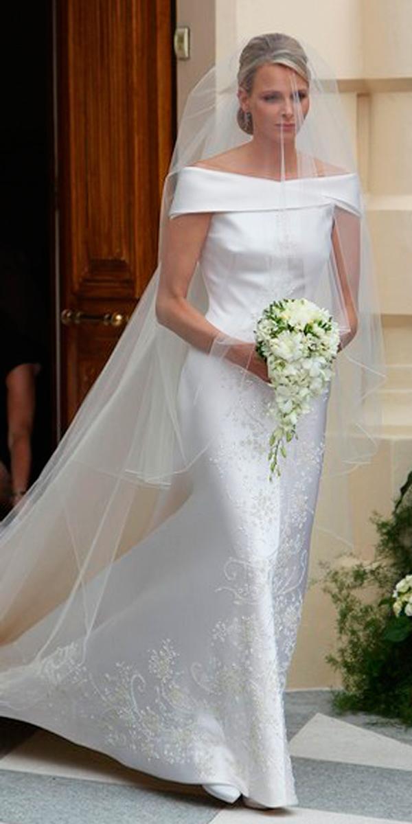 simple off the shoulder lace straight with veil celebrity wedding dresses armani