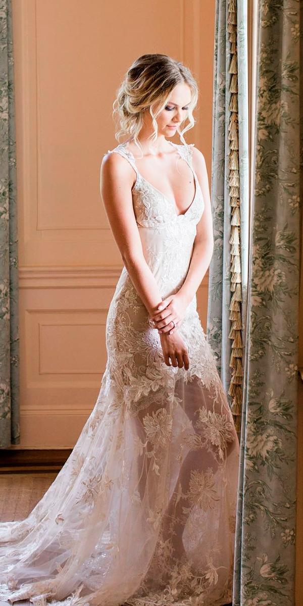 boho vintage lace deep v neckline spaghetti straps straight celebrity wedding dresses claire pettibone