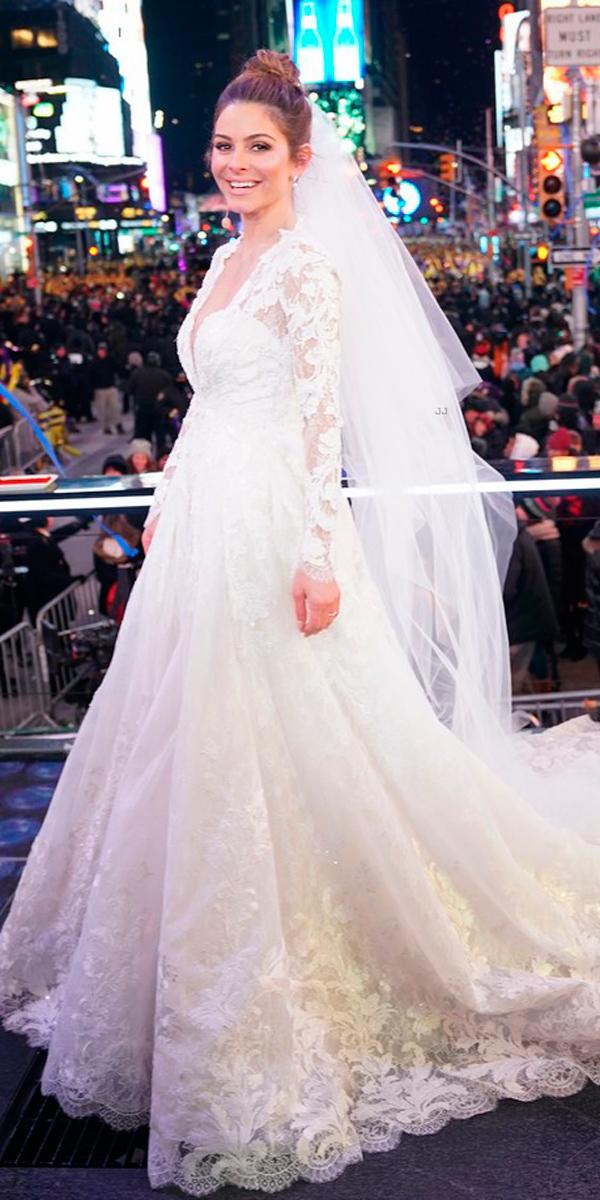 celebrity wedding dresses ball gown lace long sleeve deep v neck with train pronovias