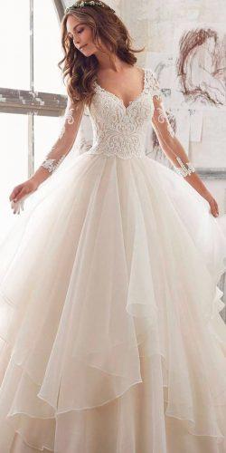 best wedding dresses ruffled skirt lace beaded v neckline illusion long sleeve ball gown morilee official